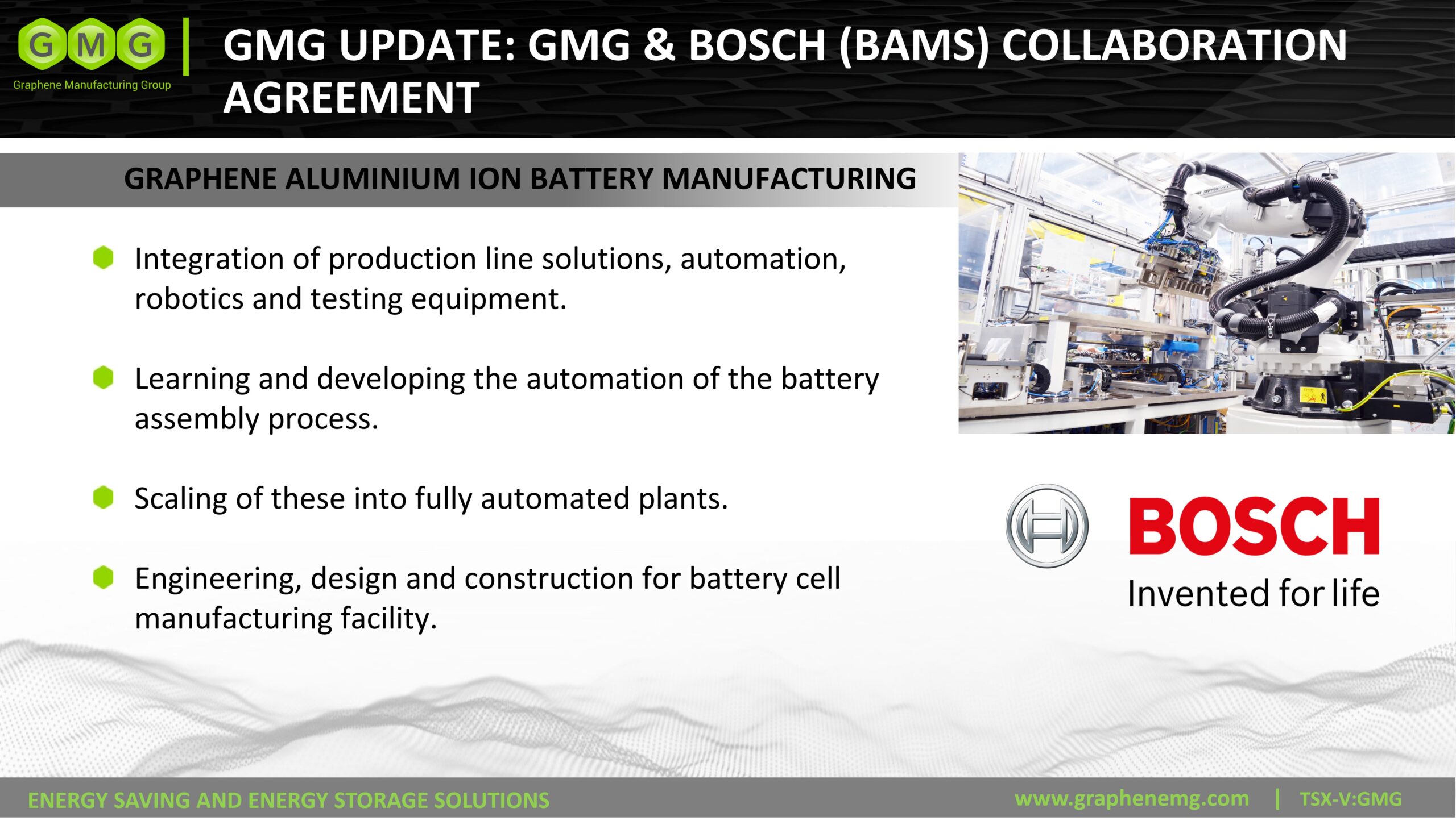 GMG AND BOSCH COLLABORATION ARRANGEMENT FOR BOSCH TO DESIGN AND DELIVER GMG'S GRAPHENE BATTERY MANUFACTURING PLANT | Graphene Manufacturing Group | GMG
