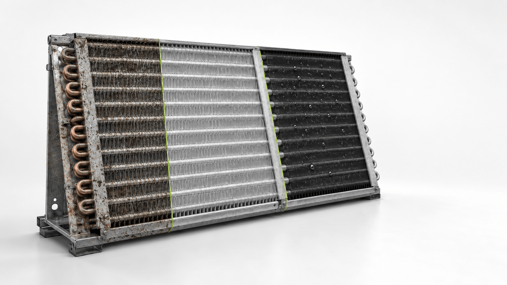 HVAC-R heat exchanger coil shown untreated, prepared and coated with THERMAL-XR ENHANCE