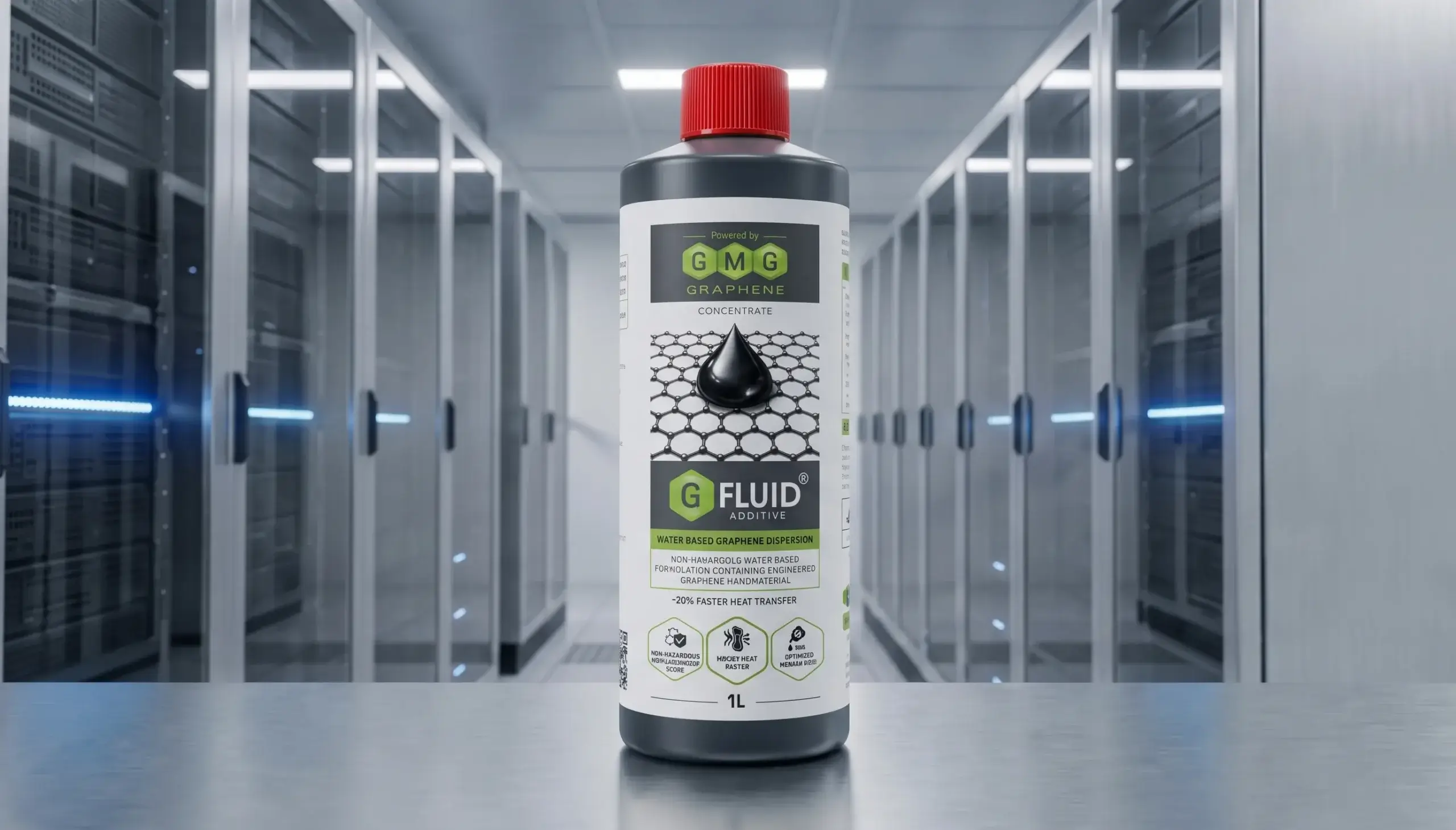 A 1-liter bottle of G FLUID® water-based graphene dispersion sitting on a metal surface in a modern data center.