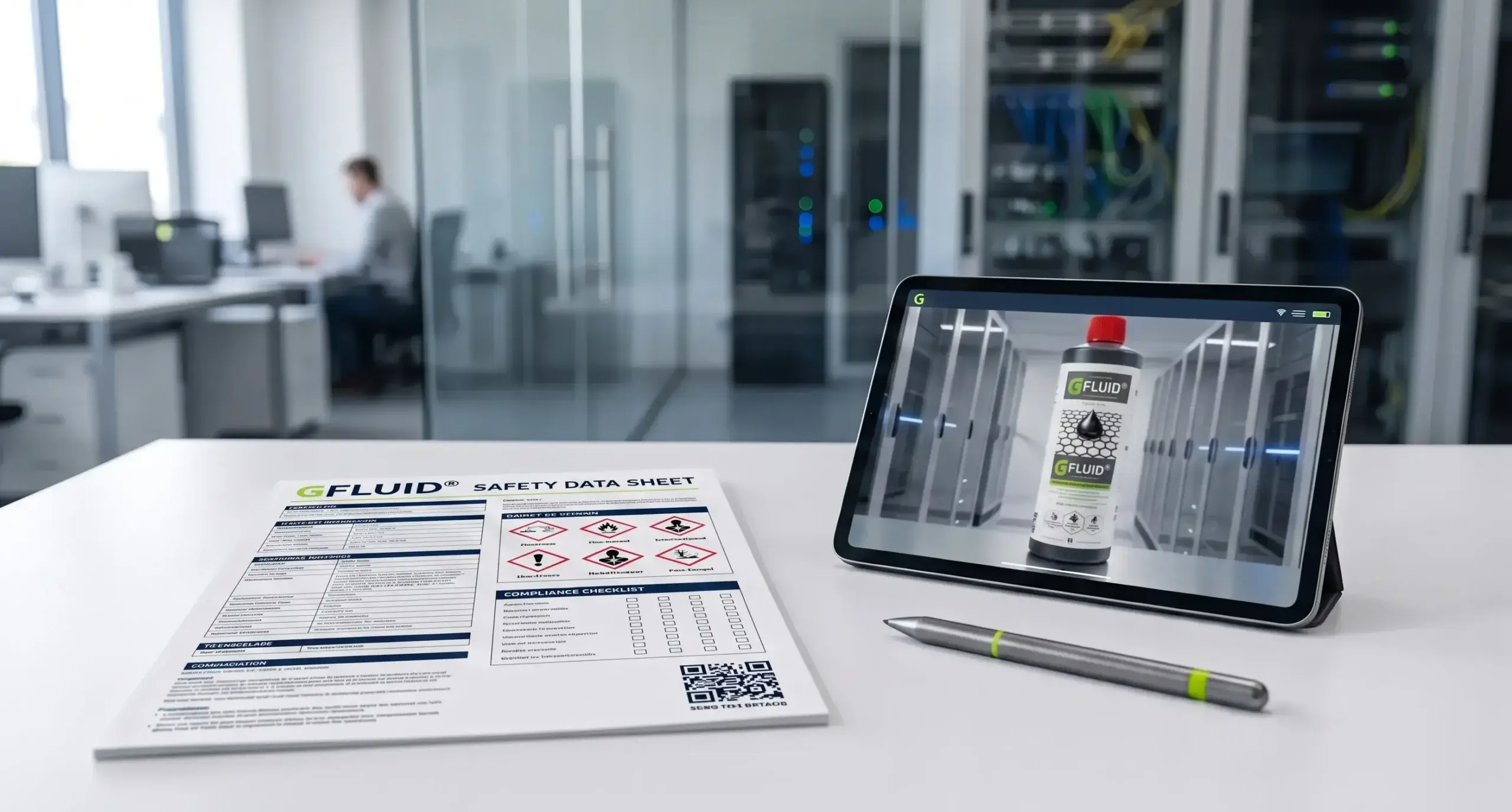 A printed G FLUID® Safety Data Sheet next to a tablet displaying the product bottle and a stylus pen on a white desk in a modern office.